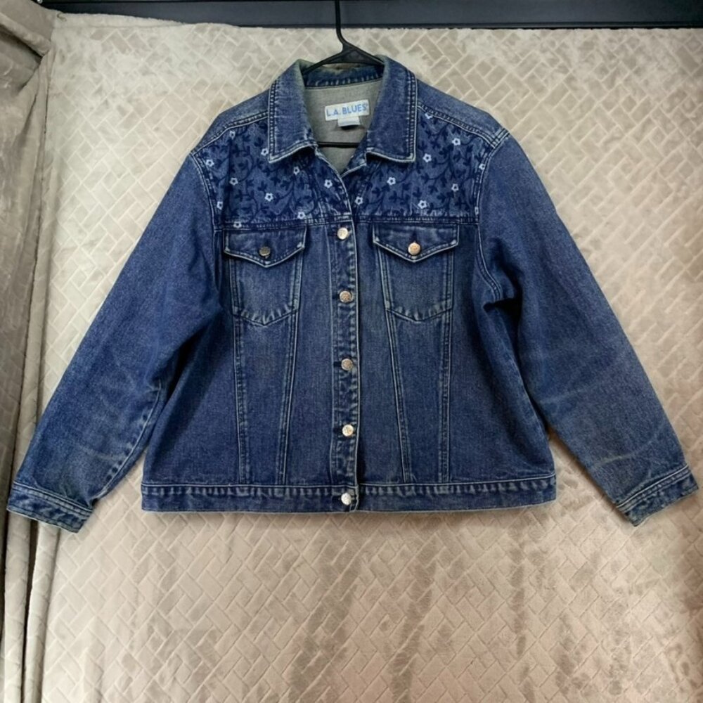 LA Blues Denim Jacket Women 18W Blue Floral Embroidered 100% Cotton Boho Western